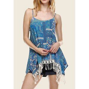 Turquoise Cream Paisley BOHO Hippie Asymmetrical Scarf Hem Festival Tank Top MED
